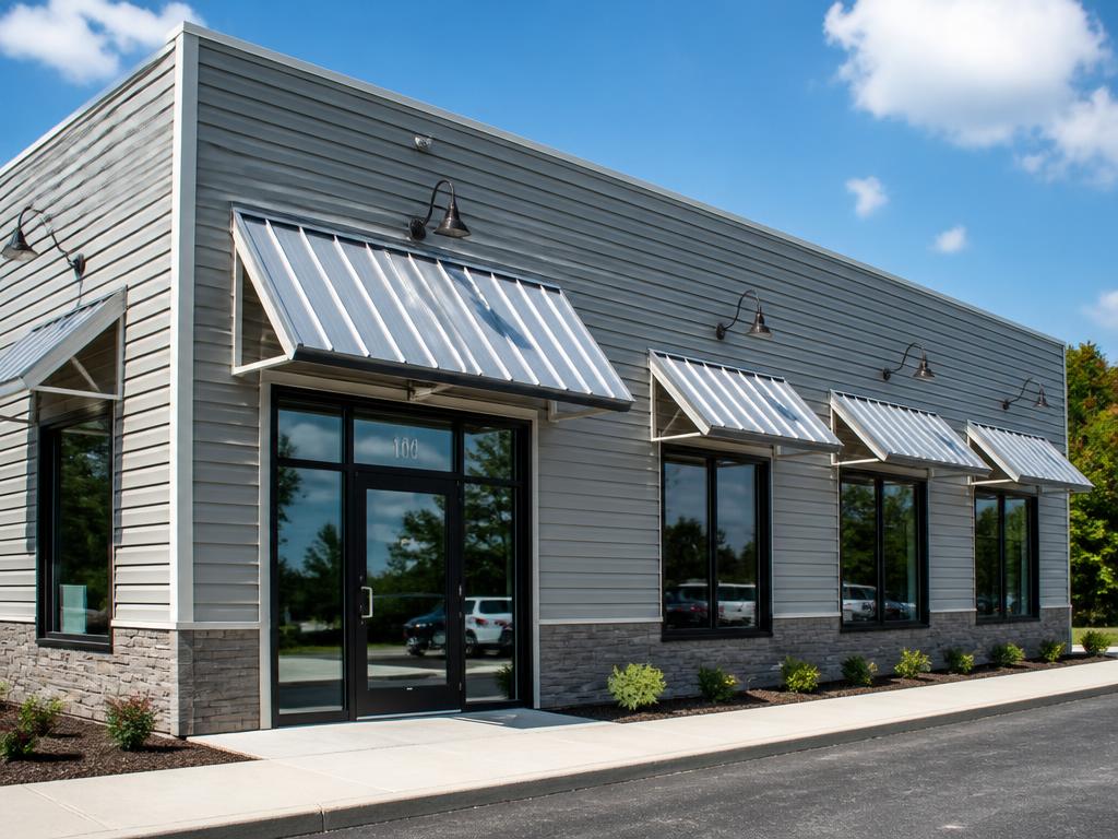 Commercial storefront with new gray siding and aluminum awnings
