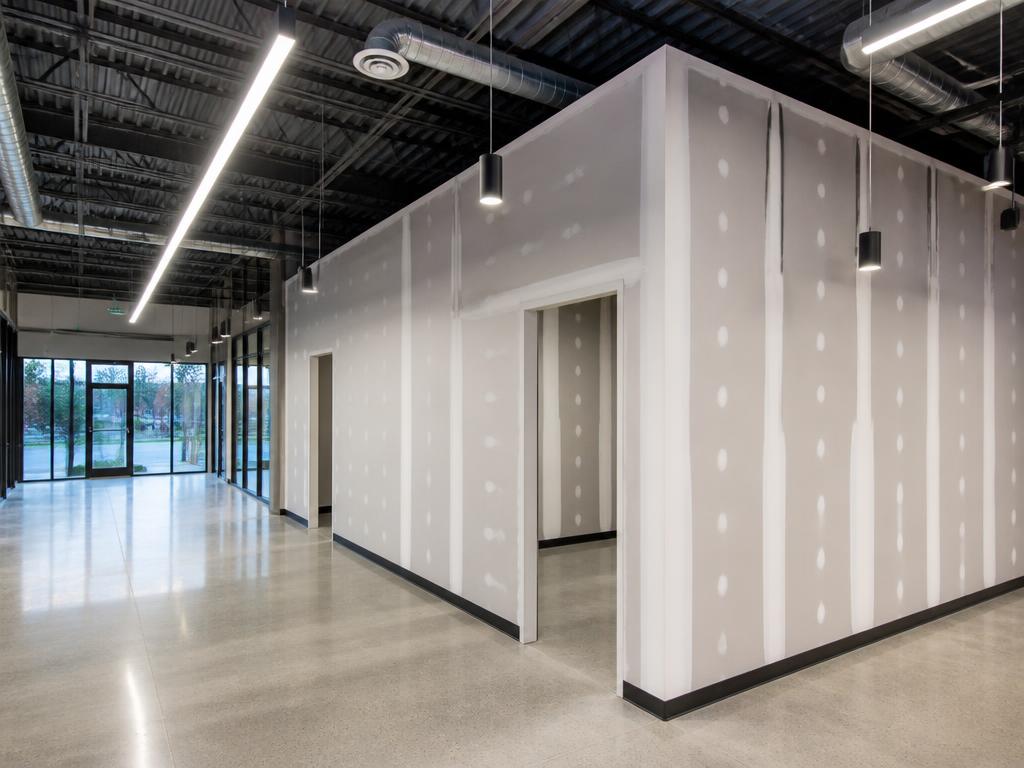 Commercial retail build-out with finished drywall and polished concrete floors