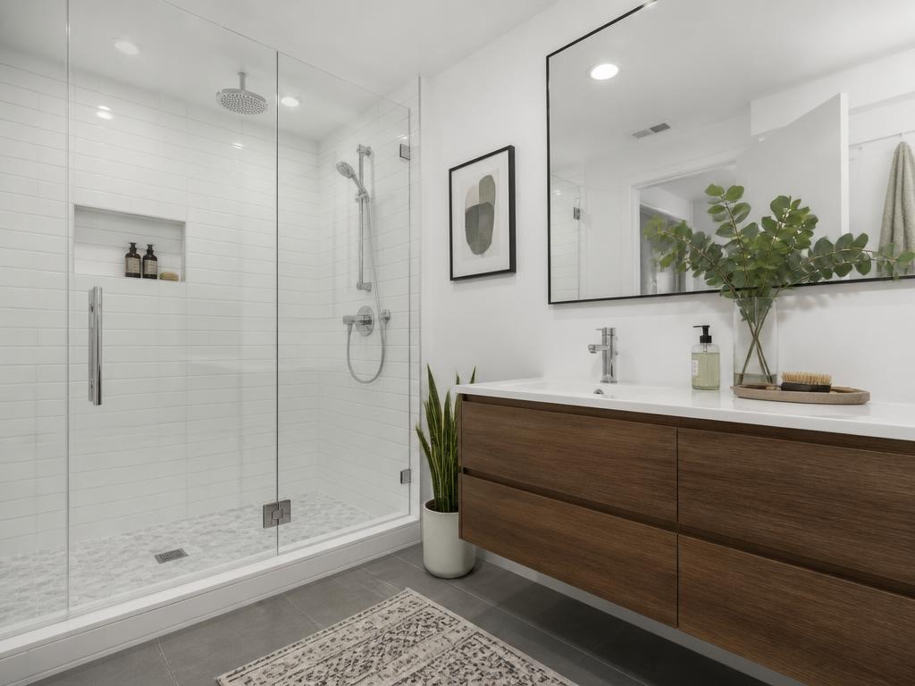 Modern bathroom renovation with glass shower and floating vanity