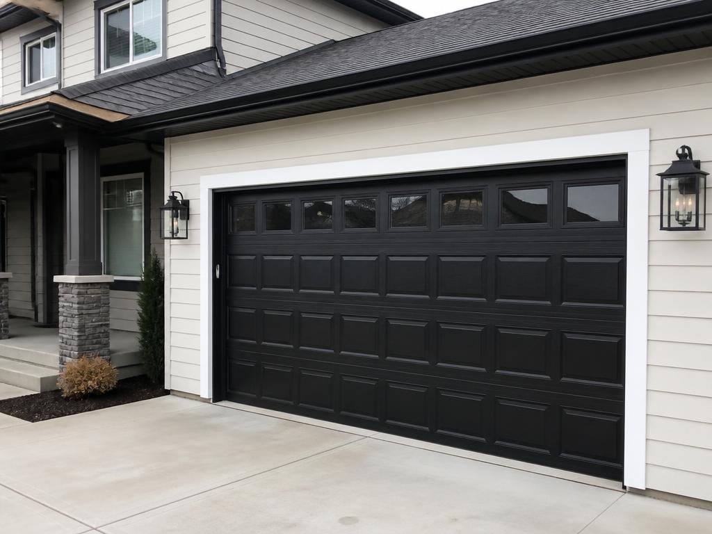 New black paneled garage door with white trim on a suburban home