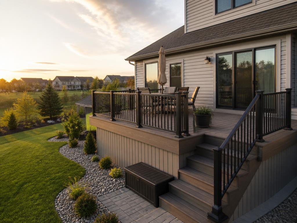 New composite deck with black metal railing at sunset